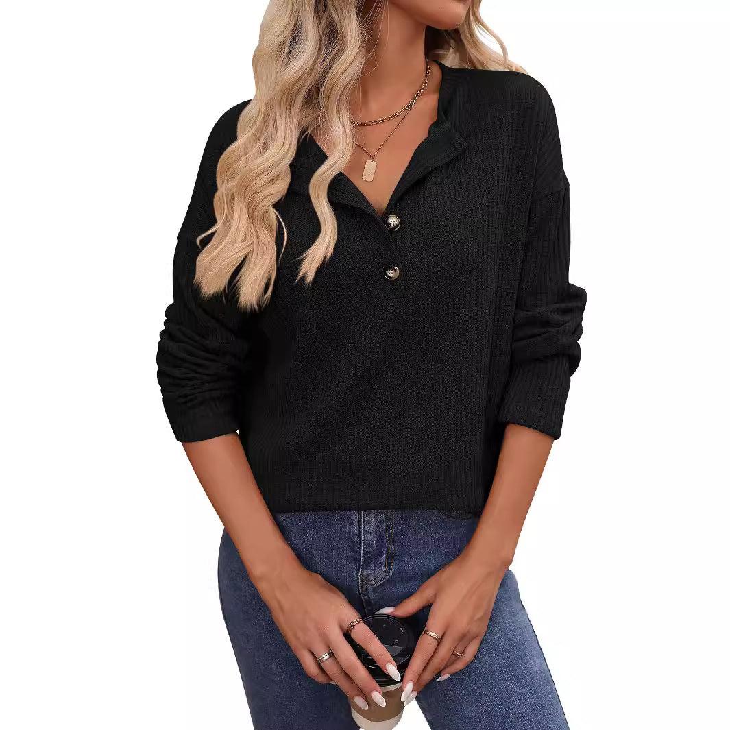 Women's Loose Sunken Stripe Long Sleeve Button T-shirt