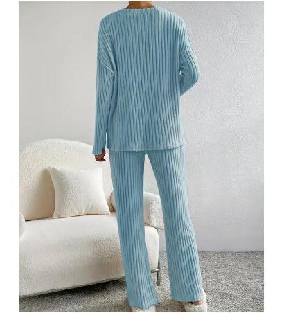 Casual Straight Pants Loose Temperament V-neck Sunken Stripe Printing Knitting Suit - KiwiBrands