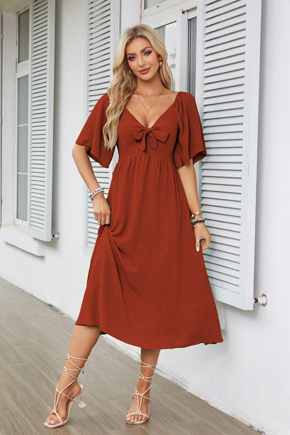 European And American Women's Clothing Spring And Summer Bow V-neck Pleated Mid-length Short Sleeve Dress - KiwiBrands