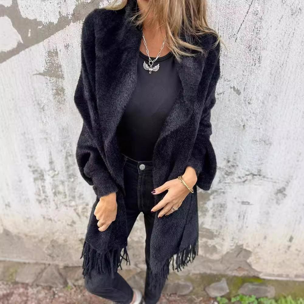 Women's Knitted Batwing Sleeve Cardigan With Tassel Design Fashion Loose Shawl Outwear Clothing