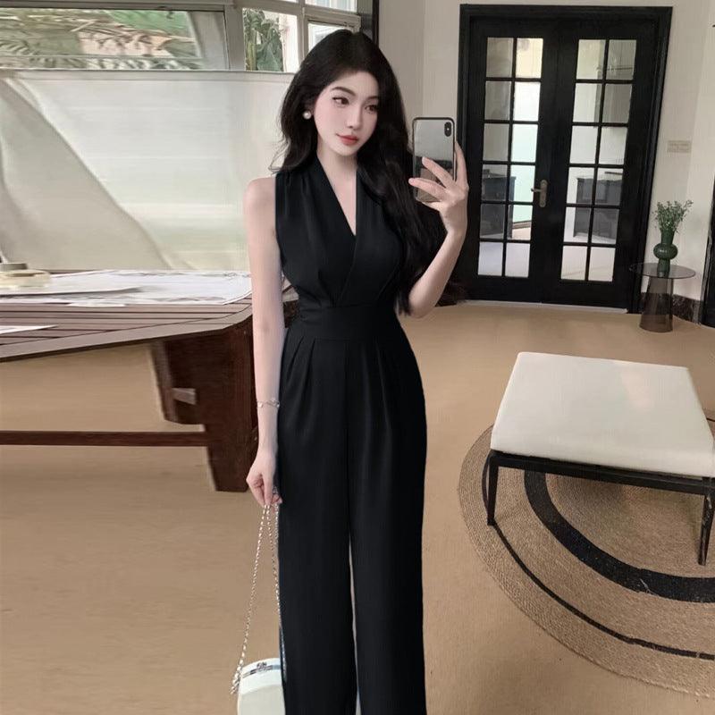 Southeast Asia French Hepburn Style V-neck Waist Trimming Lace Up Jumpsuit Women