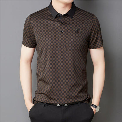 Men's Lapel Plaid Printed Seamless High Elasticity Ice Silk Short Sleeve - KiwiBrands