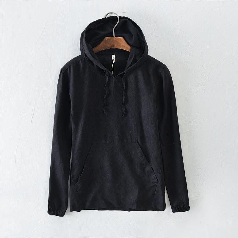 Men's Long-sleeved Hooded Cotton And Linen Shirt