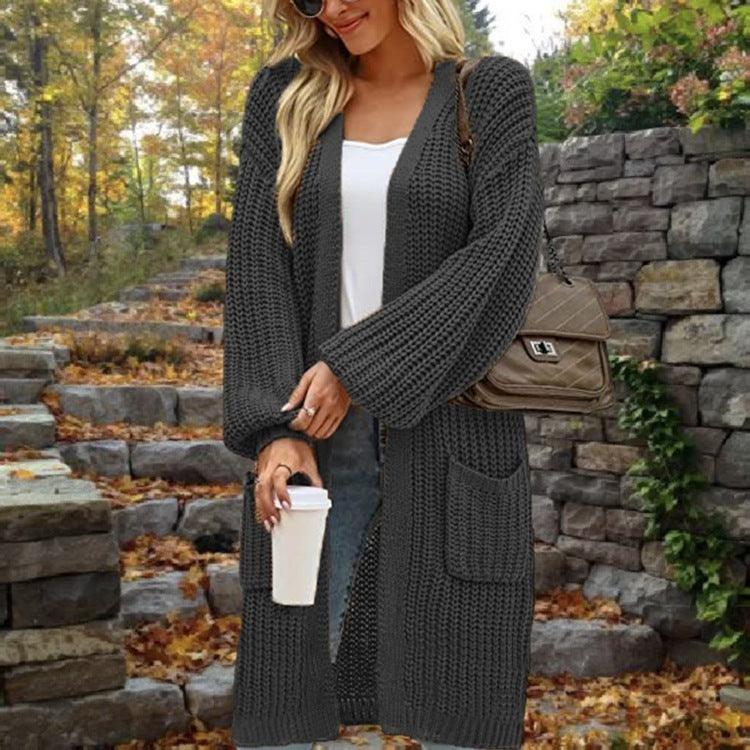 European And American Loose Lantern Sleeve Sweater Women's Cardigan Mid-length Autumn And Winter Pocket Coat