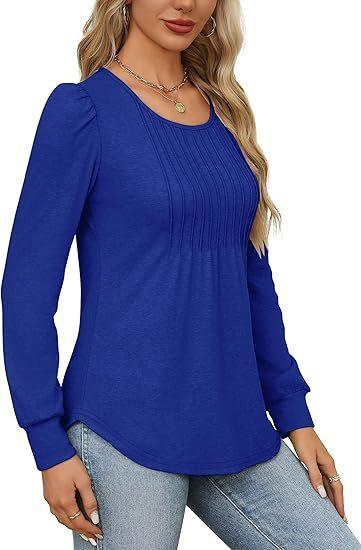 Women's Bubble Sleeve Waist Pleated Round Neck Long Sleeve T-shirt - KiwiBrands