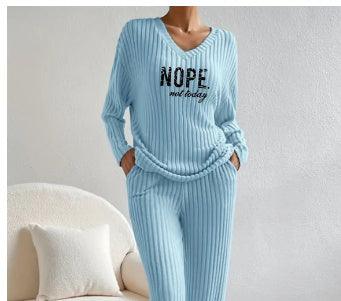 Casual Straight Pants Loose Temperament V-neck Sunken Stripe Printing Knitting Suit - KiwiBrands