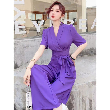 Elegant Temperament Pure Color High Waist Slimming Lace-up Wide Leg Jumpsuit