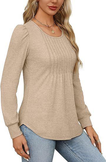 Women's Bubble Sleeve Waist Pleated Round Neck Long Sleeve T-shirt - KiwiBrands