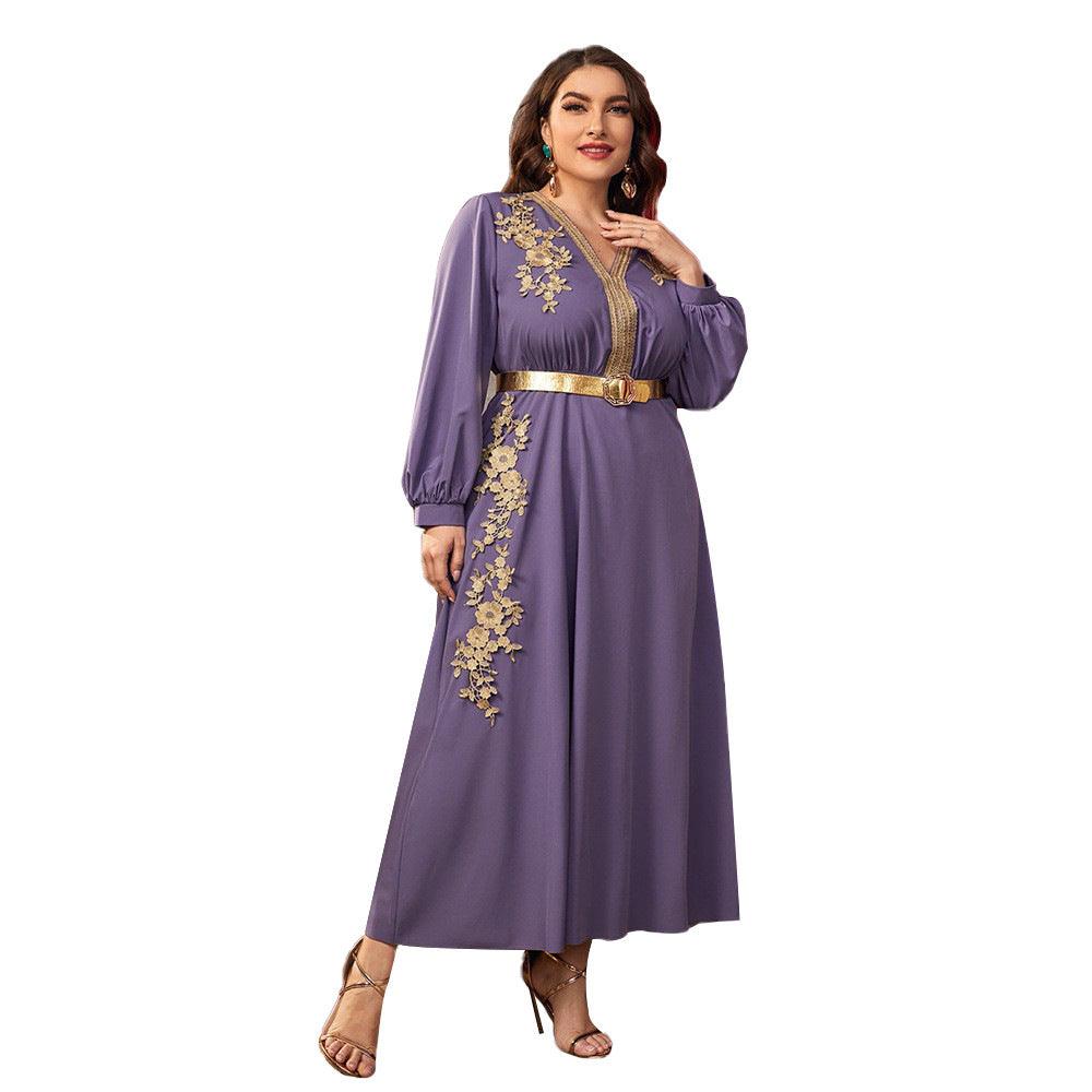 European And American Fashion Casual Plus Size V-neck Loose High Waist A- Line Dress - KiwiBrands