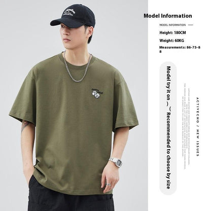 Pure Cotton Embroidery T-shirt Men's Japanese Style Simple Summer Couple's Tops - KiwiBrands