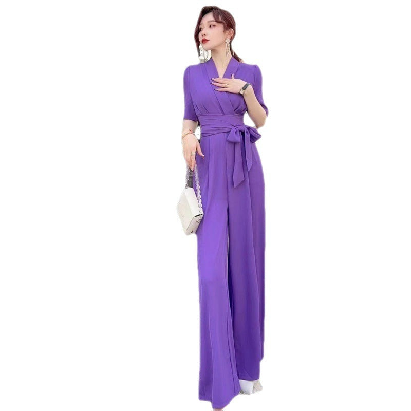 Elegant Temperament Pure Color High Waist Slimming Lace-up Wide Leg Jumpsuit