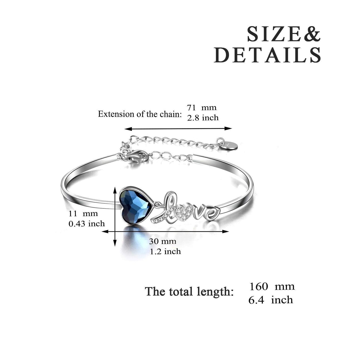 Blue Crystals from Austria Love Heart Bangle Bracelet in White Gold Plated Sterling Silver - KiwiBrands