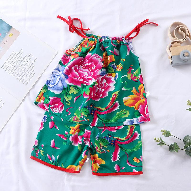 Children's Vest Suit Boys And Girls Summer Thin Cotton Silk Floral Hanging