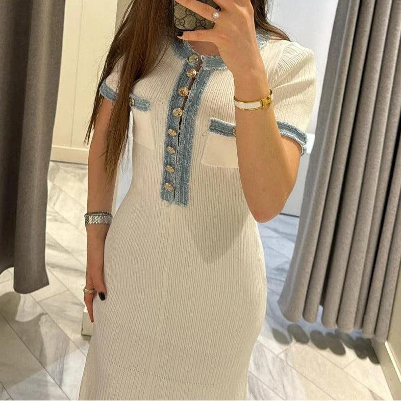 Denim Patchwork Knitting Tight Short Sleeve Dress