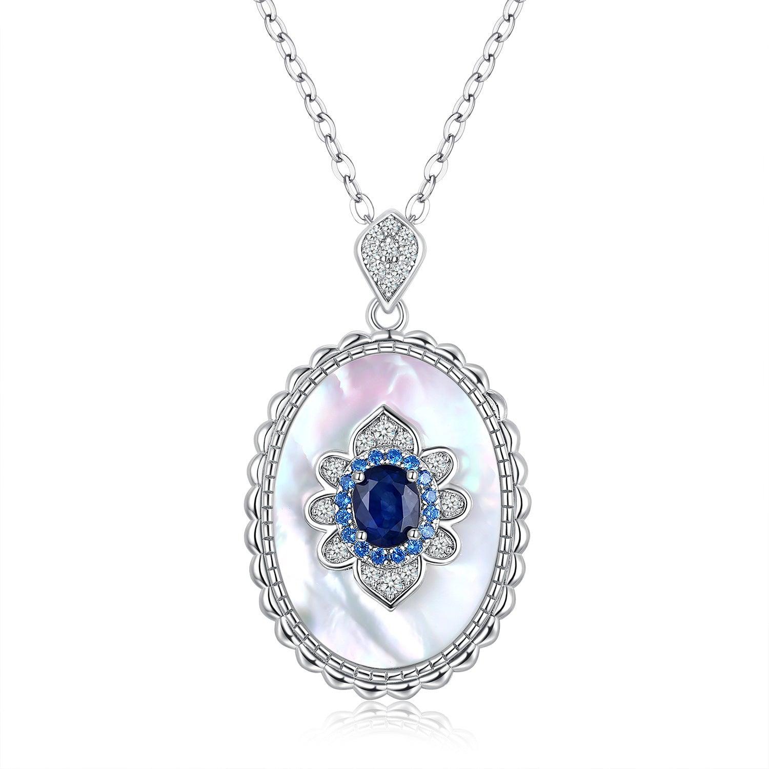 Sterling Silver Inlaid Light Luxury Natural Sapphire Pendant Necklace