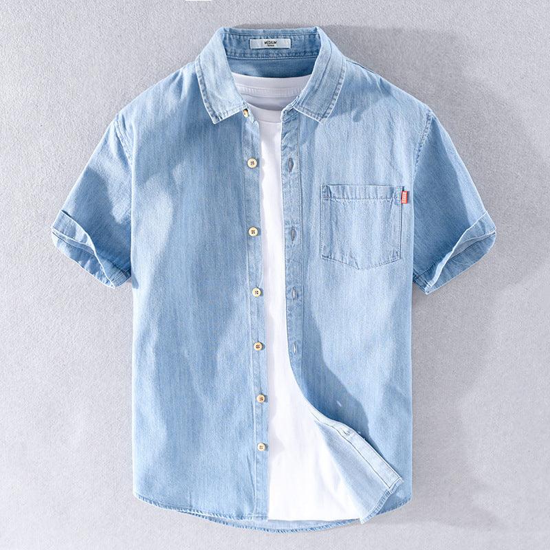 Summer Cotton Short Sleeve Denim Shirt For Men Classic All-matching - KiwiBrands