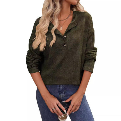 Women's Loose Sunken Stripe Long Sleeve Button T-shirt - KiwiBrands