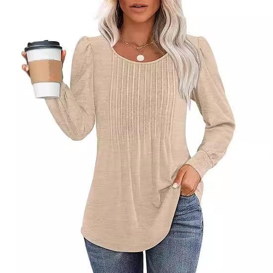 Women's Bubble Sleeve Waist Pleated Round Neck Long Sleeve T-shirt - KiwiBrands