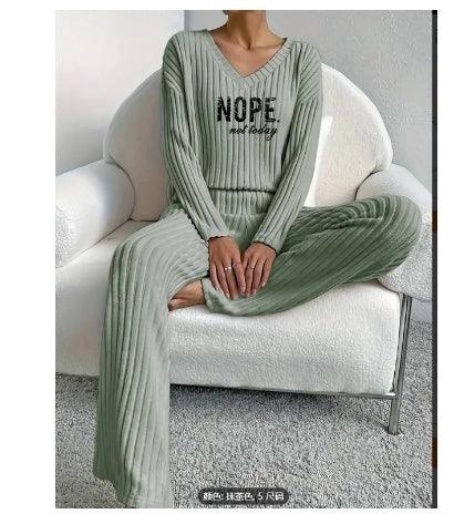 Casual Straight Pants Loose Temperament V-neck Sunken Stripe Printing Knitting Suit - KiwiBrands