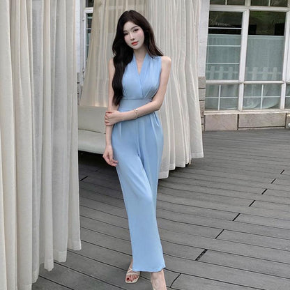 Southeast Asia French Hepburn Style V-neck Waist Trimming Lace Up Jumpsuit Women