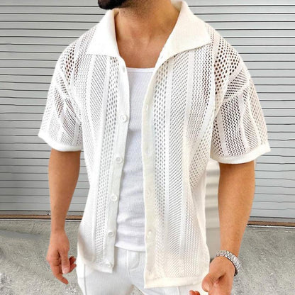 Men's Thin Sweater Lapel Short Sleeve Hollow Cardigan