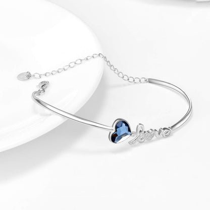 Blue Crystals from Austria Love Heart Bangle Bracelet in White Gold Plated Sterling Silver - KiwiBrands