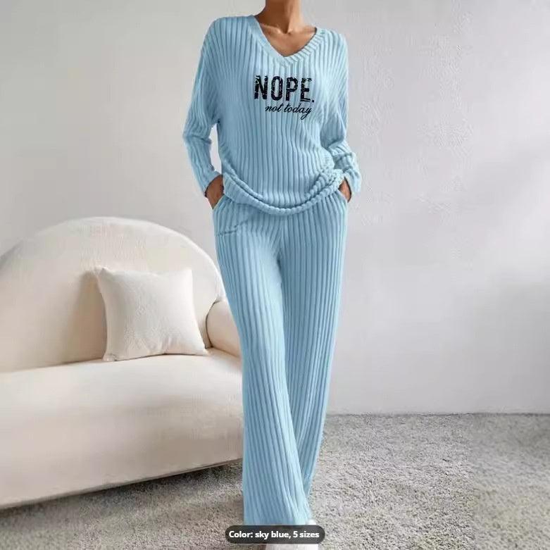 Casual Straight Pants Loose Temperament V-neck Sunken Stripe Printing Knitting Suit - KiwiBrands