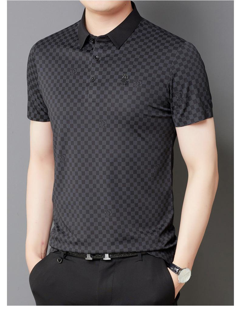 Men's Lapel Plaid Printed Seamless High Elasticity Ice Silk Short Sleeve