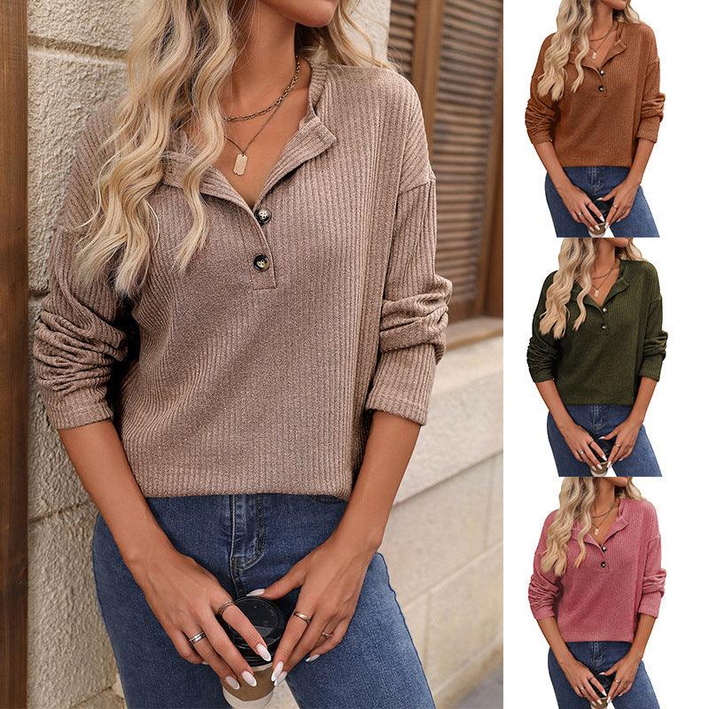 Women's Loose Sunken Stripe Long Sleeve Button T-shirt - KiwiBrands