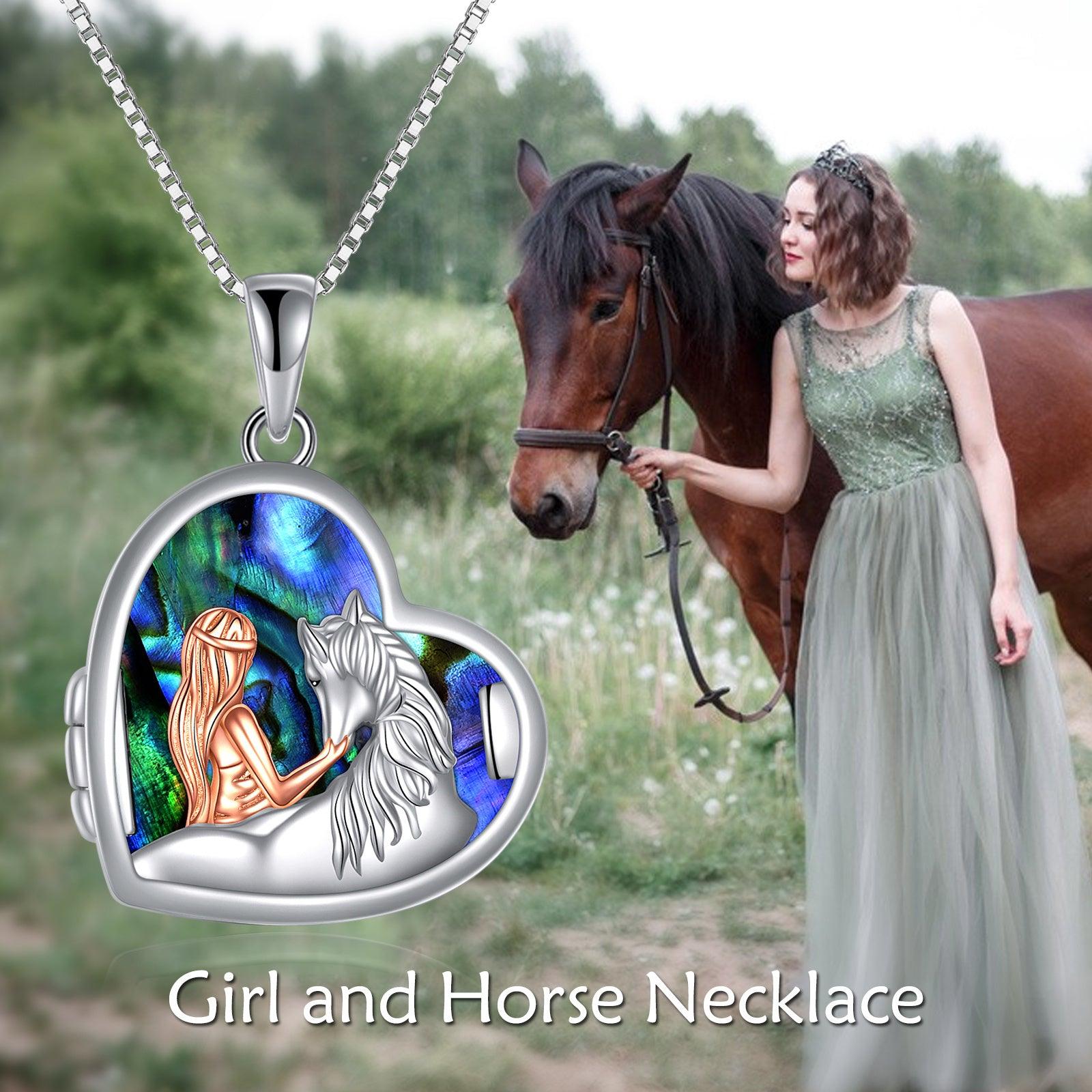 Horse and Girl Abalone Shellfish Heart Sterling Silver Photo Locket Necklace