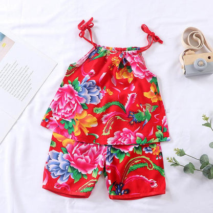 Children's Vest Suit Boys And Girls Summer Thin Cotton Silk Floral Hanging - KiwiBrands