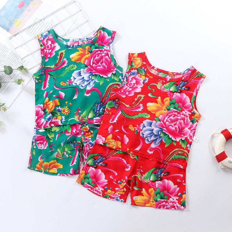 Children's Vest Suit Boys And Girls Summer Thin Cotton Silk Floral Hanging - KiwiBrands