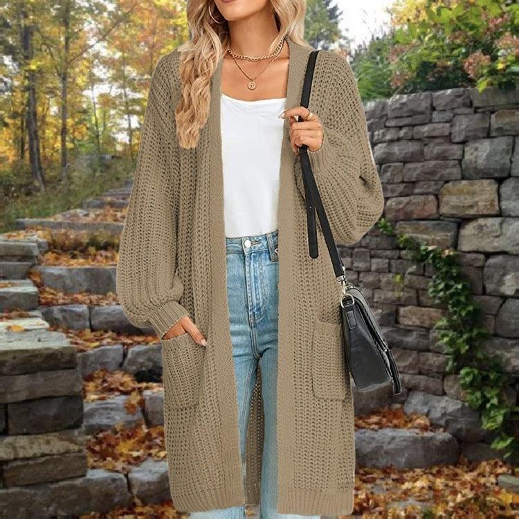 European And American Loose Lantern Sleeve Sweater Women's Cardigan Mid-length Autumn And Winter Pocket Coat