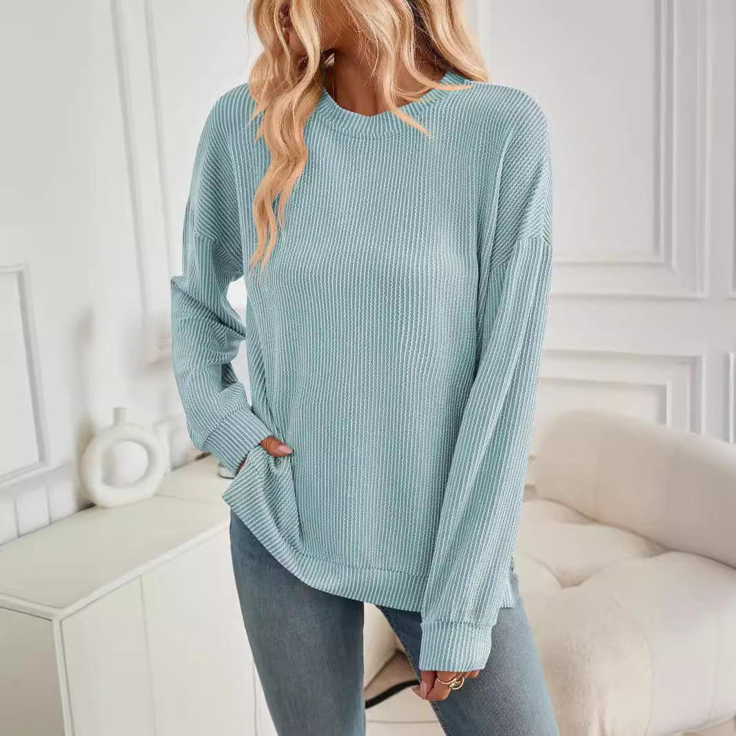 Women's Wave Striped Loose Long Sleeve Slit Sweater - KiwiBrands